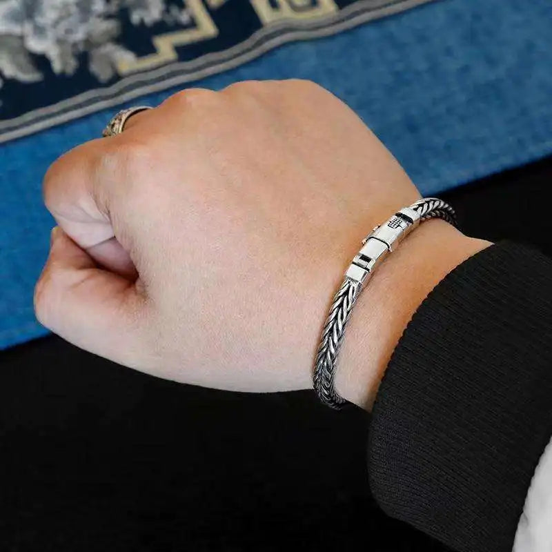 100% S925 Sterling Silver Handmade Woven Retro Domineering Style Personality Keel Man Woman Pure S925 Silver Bracelet Jewelry