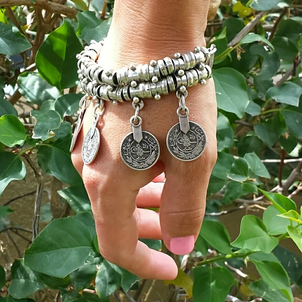 Vintage Silvery Golden Coins Bracelet for Women Men Boho Hippie Beach Party Afghan Turkish Marseille Ethnic Bracelets Jewelry