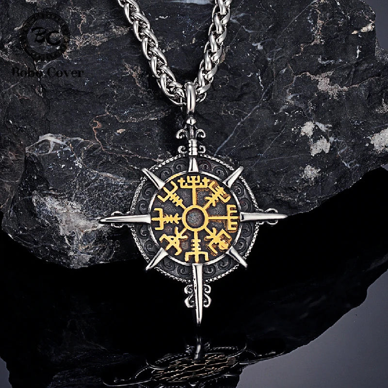 Retro Gold Color Vikings Compass Necklace Men Antique Stainless Steel Norse Rune Amulet Pendant Vegvisir Homme Icelandic Jewelry