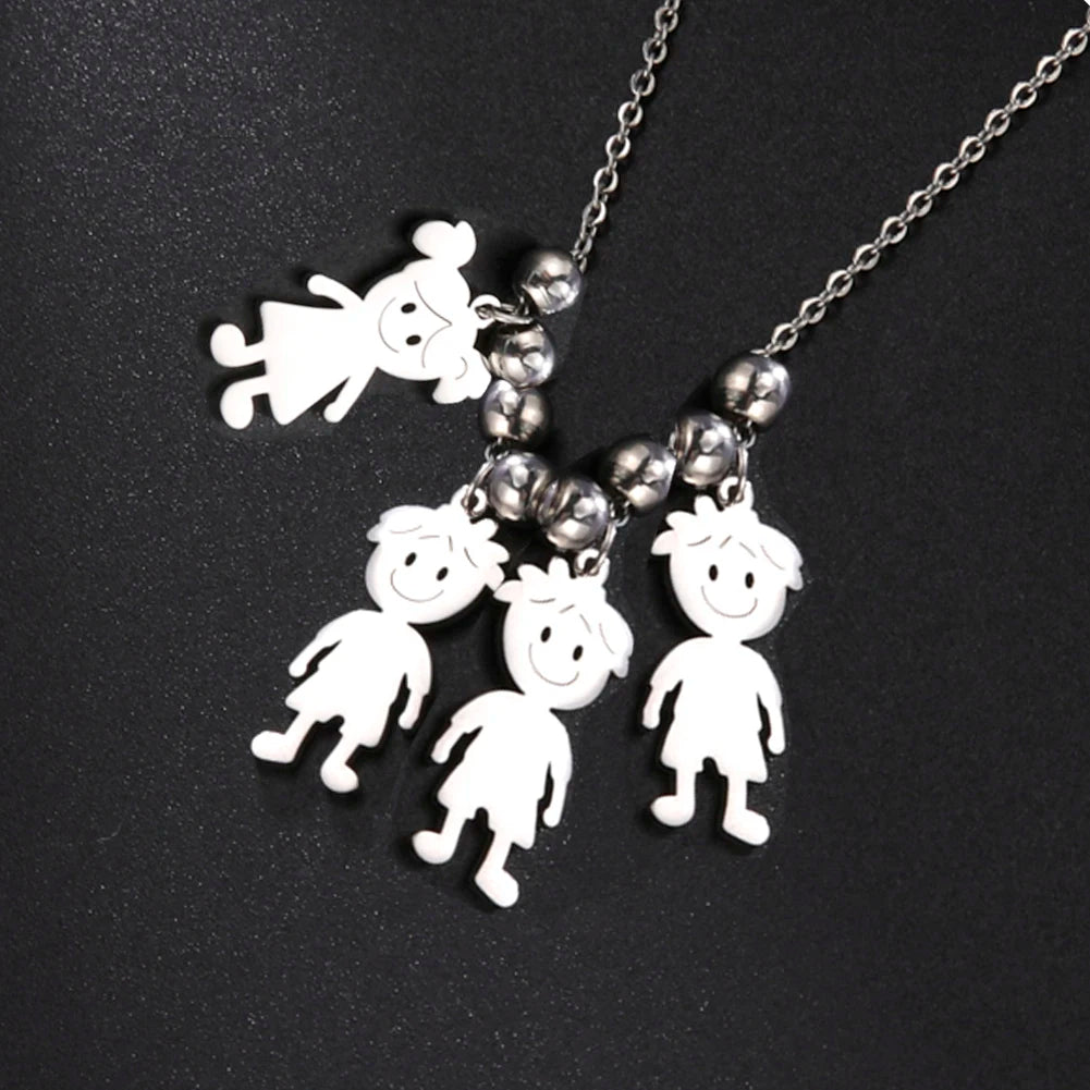 Necklace with white cartoon-like figure pendants on a black background