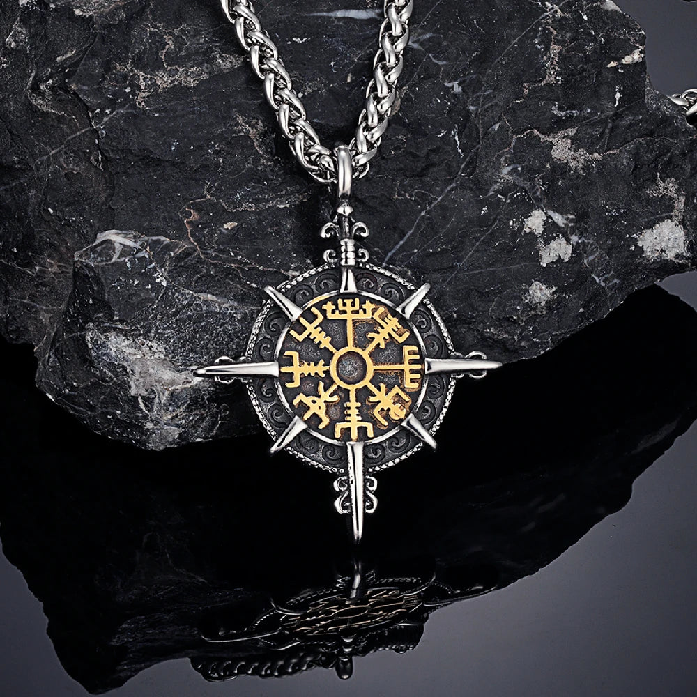 Retro Gold Color Vikings Compass Necklace Men Antique Stainless Steel Norse Rune Amulet Pendant Vegvisir Homme Icelandic Jewelry