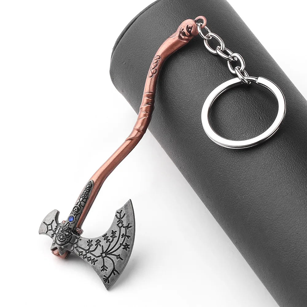 Punk Fashion Jewelry God Of War 4 Kratos Axe Keychains Exquisite Crystal Carved Pattern Axe Pendant Key Holder Souvenir Jewelry