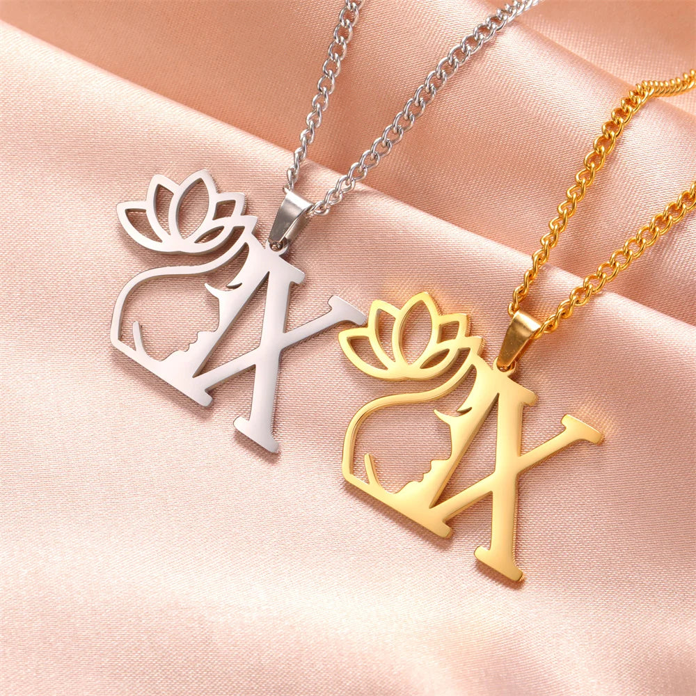 My Shape Beauty Lotus Flower Initials Necklace Women Girl Gifts Stainless Steel Letter Alphabet Pendants Choker Fashion Jewelry