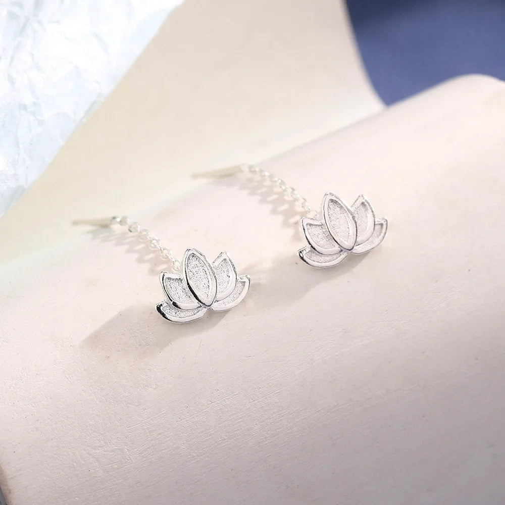 Real 925 Sterling Silver Long Cute Lotus Tassels Drop Earrings for Women Plant Fine Jewelry Allergy Minimalist Accessories