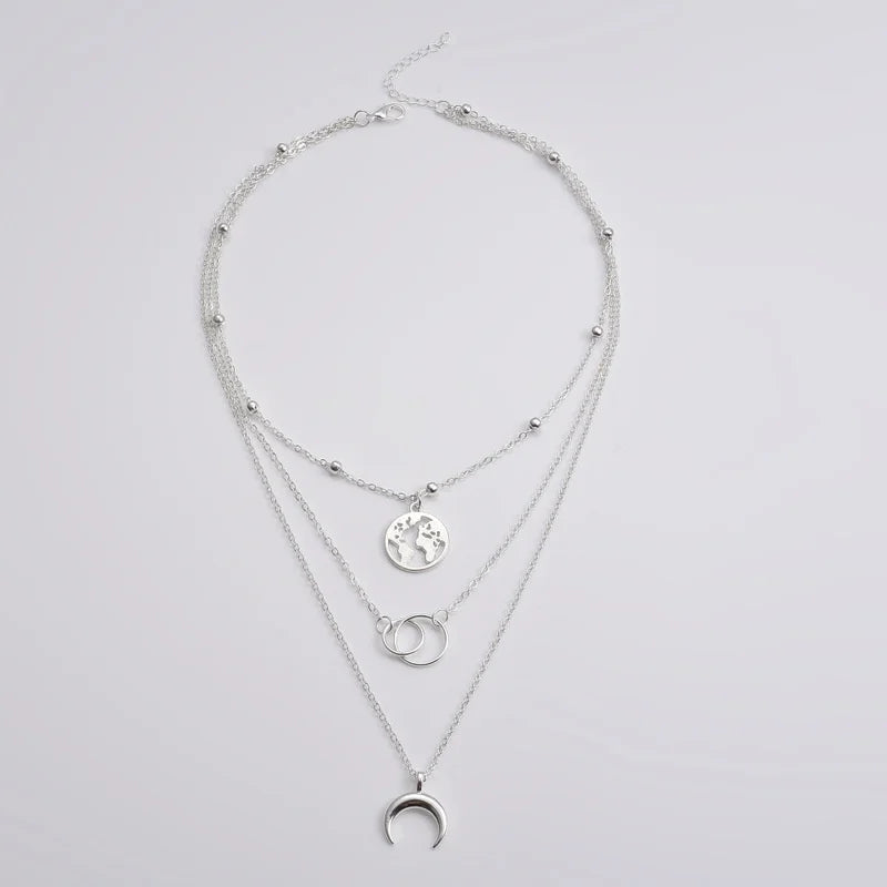 New Fashion Retro Moon World Map Circle Pendant Multilayer Gold Color Necklace Party Charm Jewelry Accessories For Women Gift