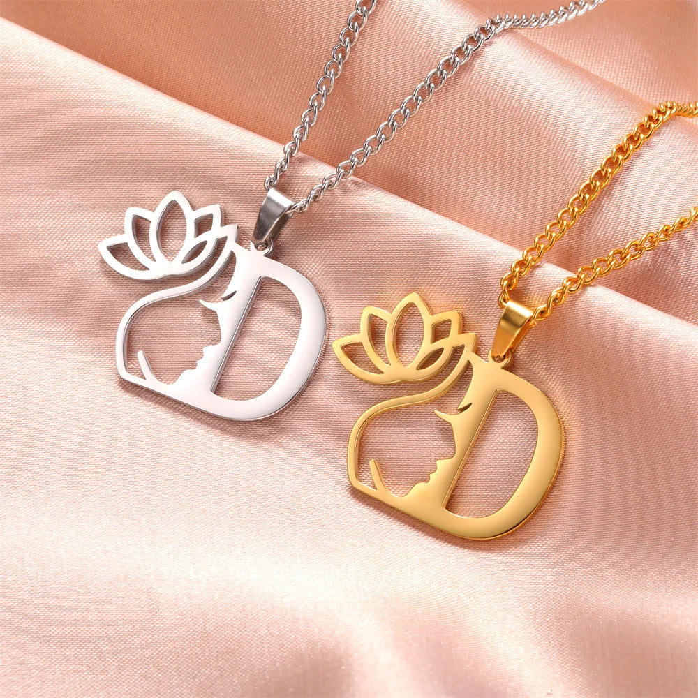 My Shape Beauty Lotus Flower Initials Necklace Women Girl Gifts Stainless Steel Letter Alphabet Pendants Choker Fashion Jewelry