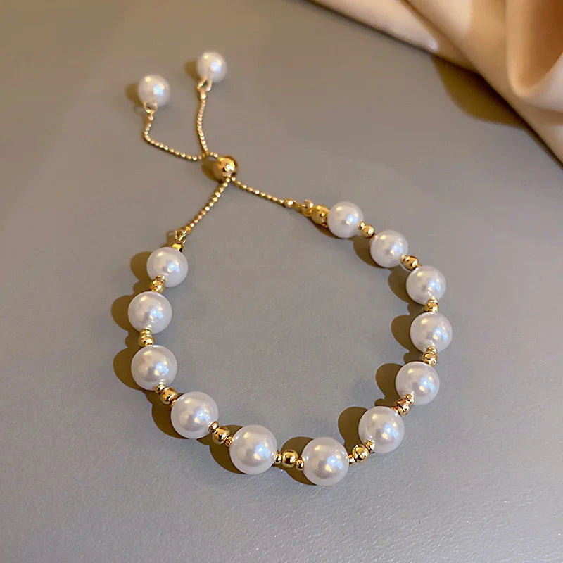 Elegant Simulated Pearl  Bracelet Baroque Gold Color Beads Paired With White Adjustable Chain Bracelet Chic Women's Jewelry