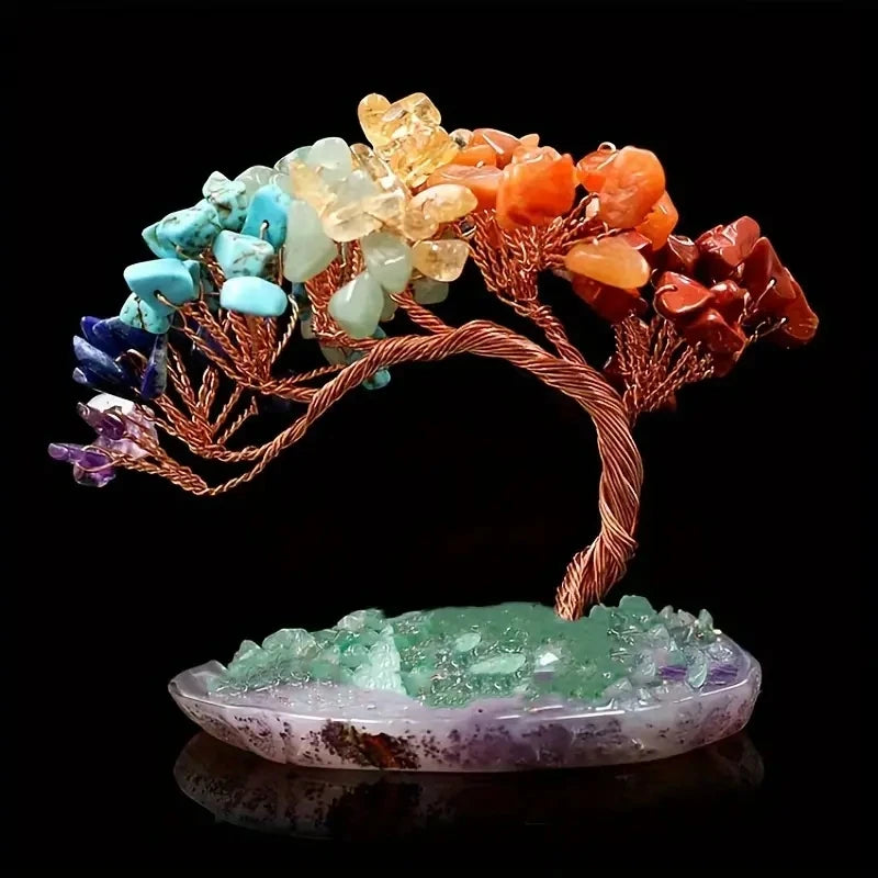 1pc Natural colorful crystal crushed stone Fengtail tree crystal agate piece base copper wire winding fortune tree ornament