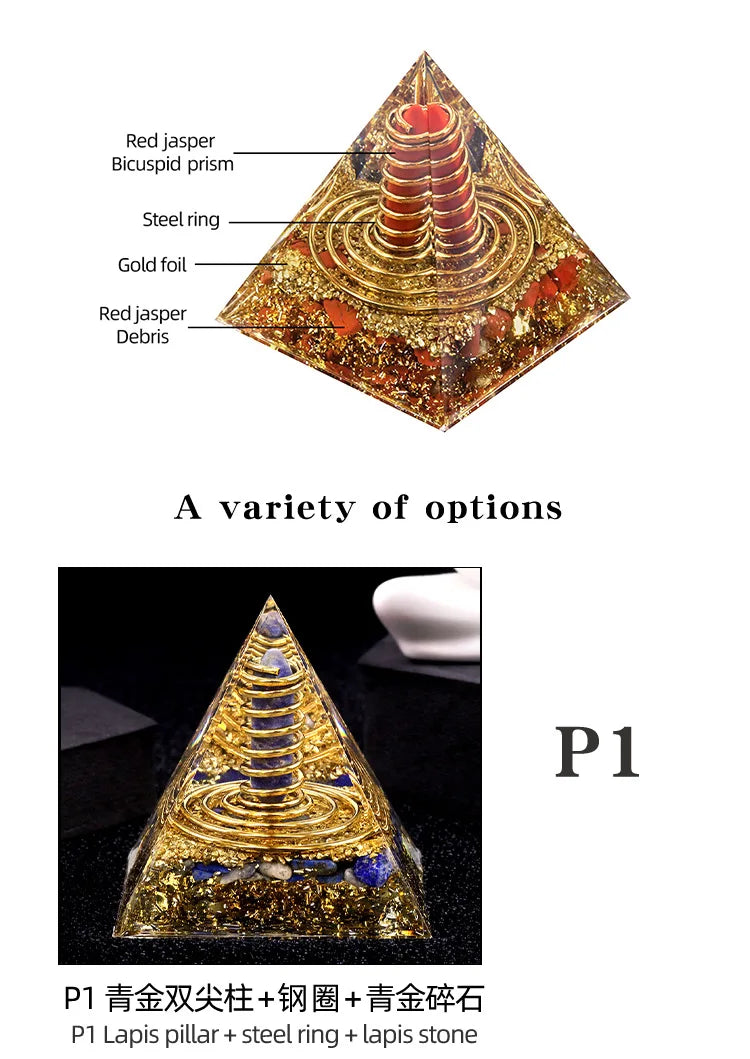 Natural Crystal Energy Generator Pyramid Peridot Gold Sandstone Reiki Healing Resin Pyramid Egyptian Room Decoration 6x6cm