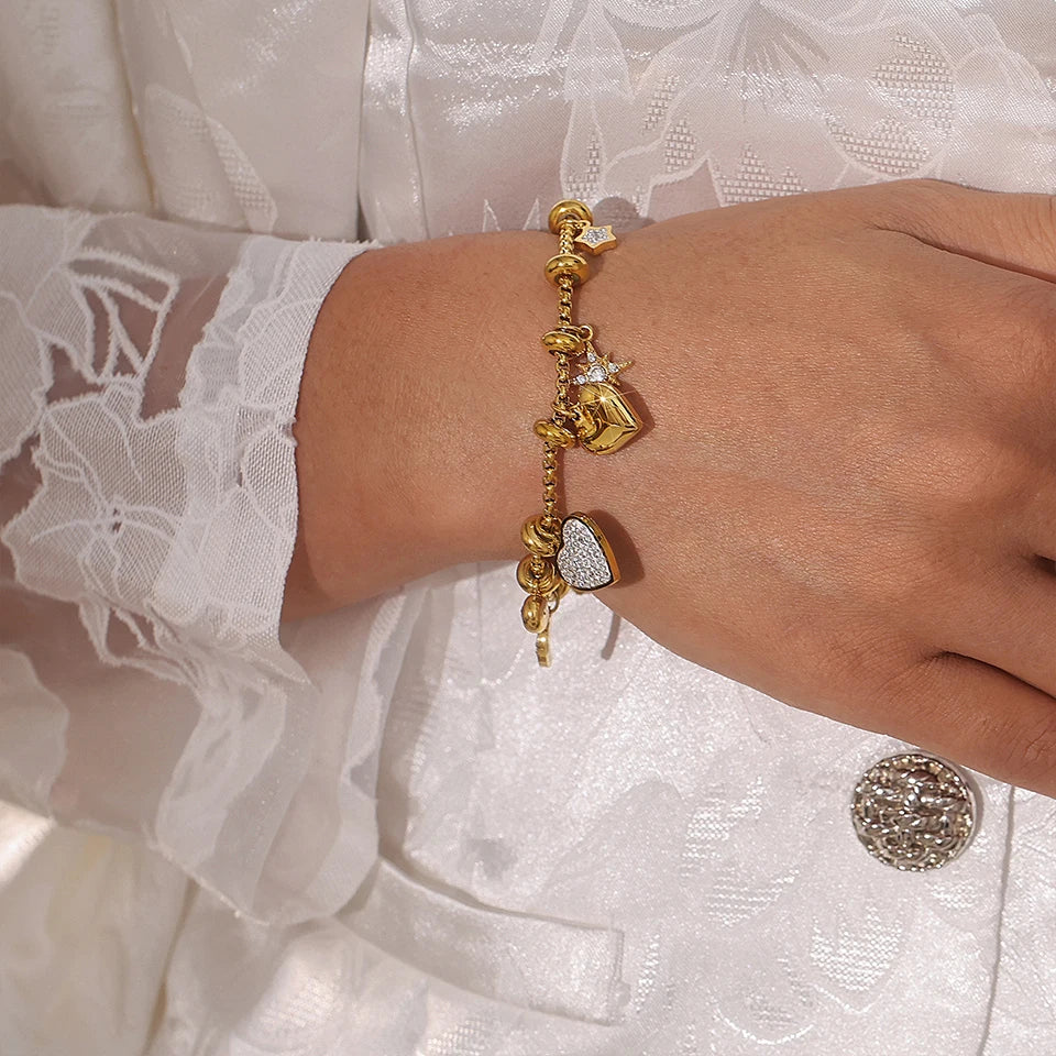 316L Stainless Steel Heart Charm Bracelets For Women 18k Gold Plated Various Pendants With Shining Zircon Women's Hand Bracelet