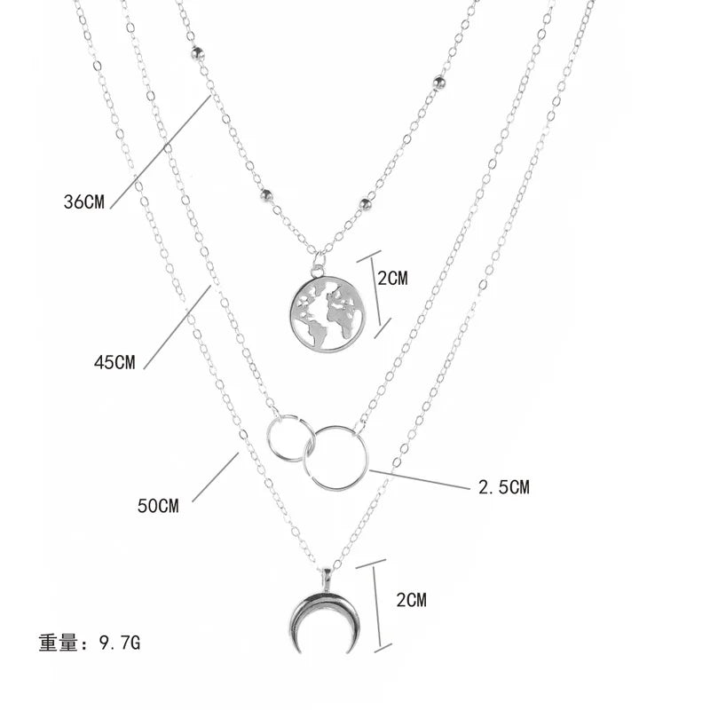 New Fashion Retro Moon World Map Circle Pendant Multilayer Gold Color Necklace Party Charm Jewelry Accessories For Women Gift