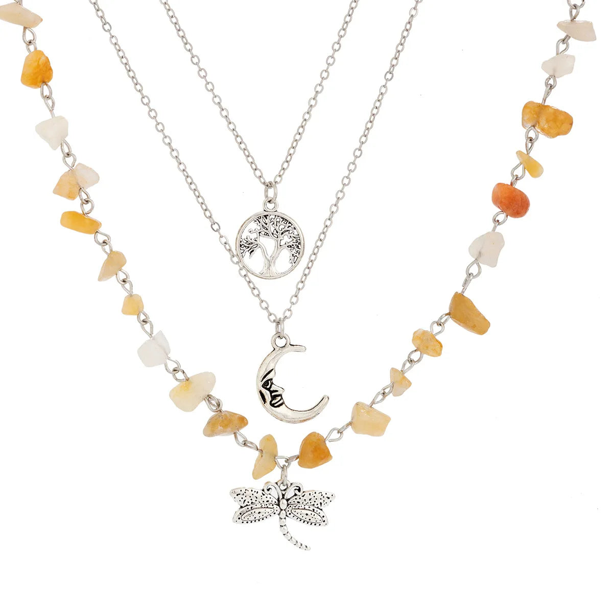 Retro Moon, Sun, Star Pendant Necklace 2024 Women's Multi layer Gold Color Metal Colored Stone Weaving Girls' Fashion Jewelry