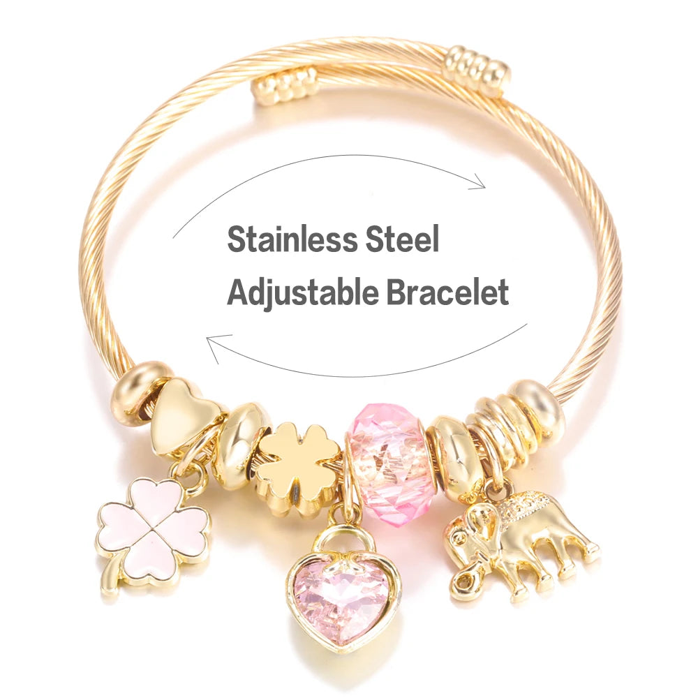 New Trendy 4 Colors Heart Shape Painted Pendant Closure Beaded Bracelet Golden Stainless Steel Women Bracelet 2025 Charm Jewelry