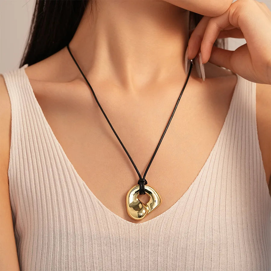 Gold Plated Geometric Circle Pendant Necklace for Women Girls Adjustable Long Leather Rope Chian Necklaces Sweater Chain Jewelry