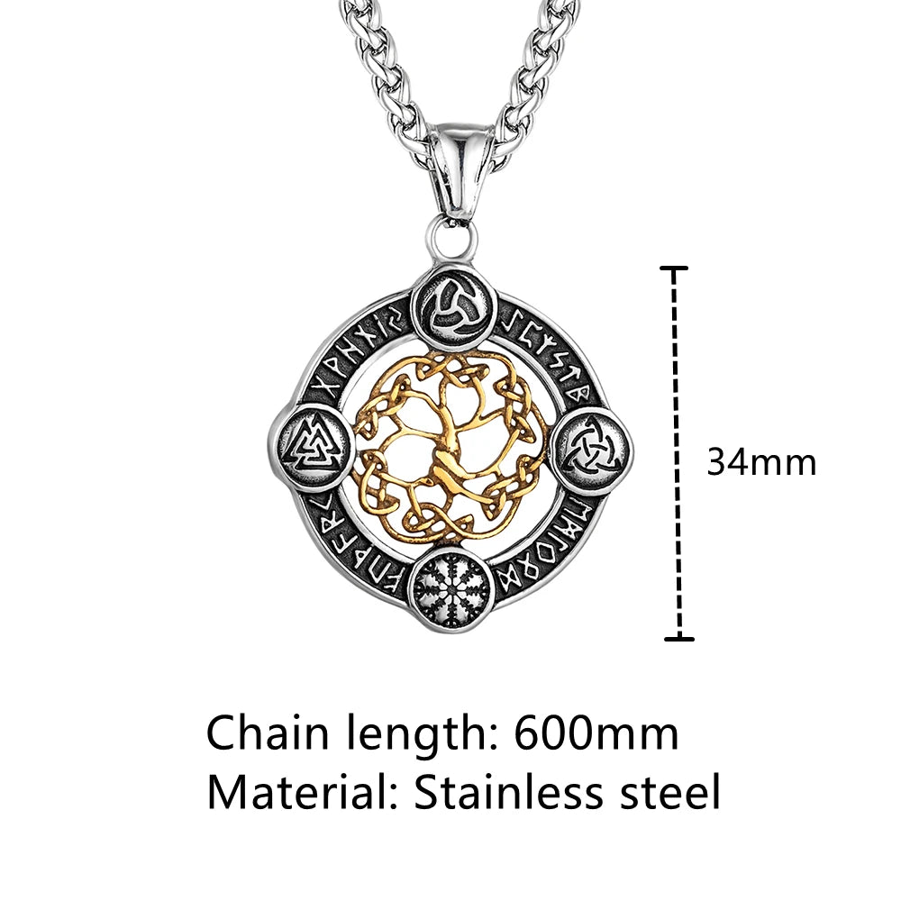 Never Fade Norse Rune Life Tree Necklace Men Gold Color Stainless Steel Pendant Valknut Trinity Male Lucky Amulet Viking Jewelry