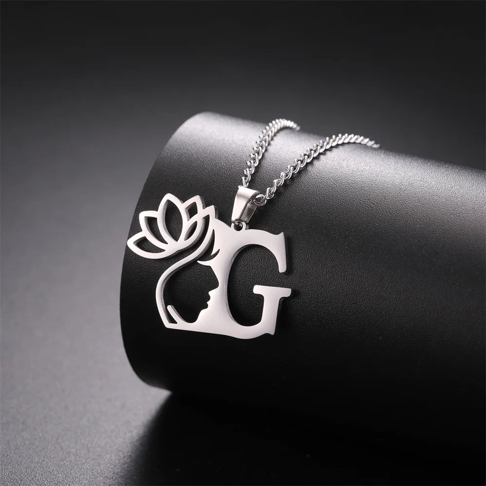 My Shape Beauty Lotus Flower Initials Necklace Women Girl Gifts Stainless Steel Letter Alphabet Pendants Choker Fashion Jewelry
