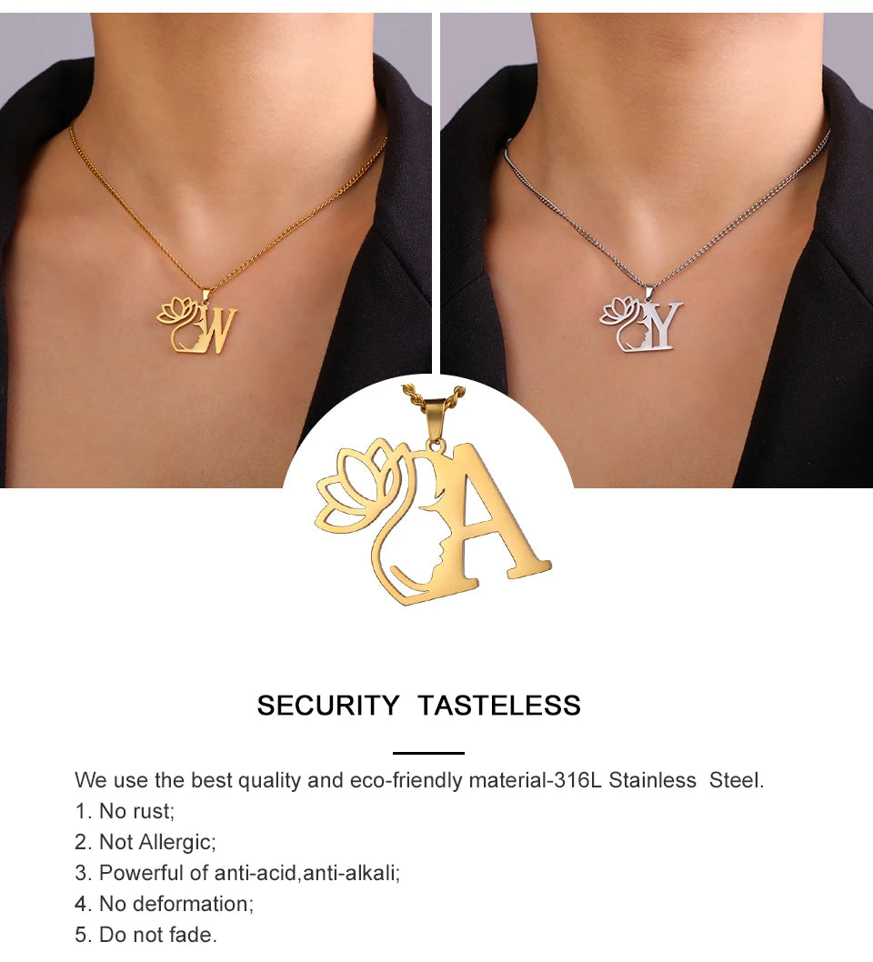 My Shape Beauty Lotus Flower Initials Necklace Women Girl Gifts Stainless Steel Letter Alphabet Pendants Choker Fashion Jewelry