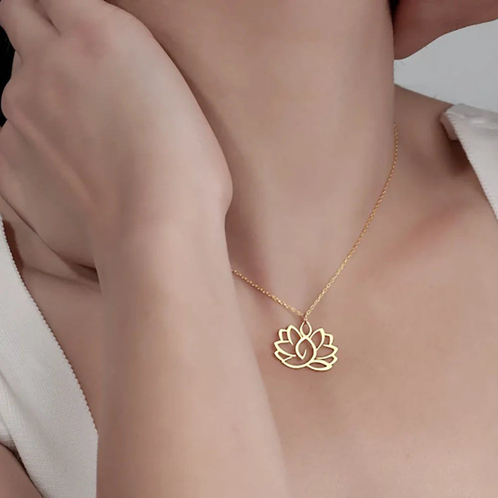 Stainless Steel Necklace Yoga Lotus Flower Necklaces Adjustable Chains Pendant Women Buddhist Religious Jewelry Party Gifts