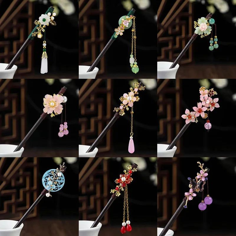 Wooden Hair Stick Chinese Style Winding Flower Hairpin With Tassel Elegant Lady Hair Clip Hair Accessories Vintage Gift