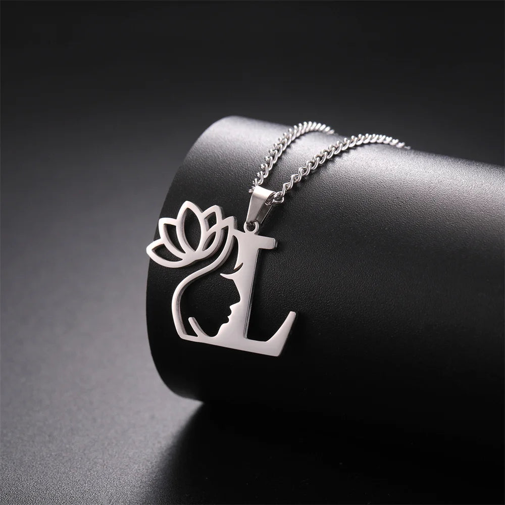 My Shape Beauty Lotus Flower Initials Necklace Women Girl Gifts Stainless Steel Letter Alphabet Pendants Choker Fashion Jewelry