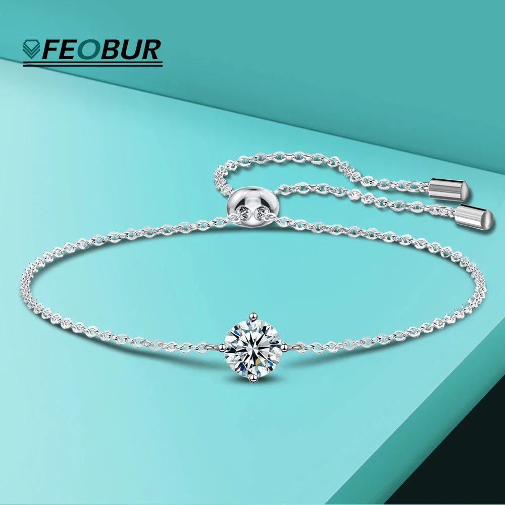 Certified 1CT Moissanite Bracelet for Women Real S925 Silver Classic Round Lab Diamond Charm Hand Chain Adjustable Jewelry Gifts