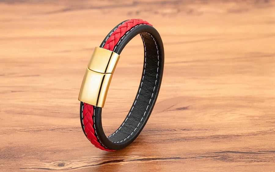 XQNI Black & Red Braided Rope Leather Bracelet Men Stainless Steel Charm Jewelry Bangle for Friend Couple Birthday New Year Gift