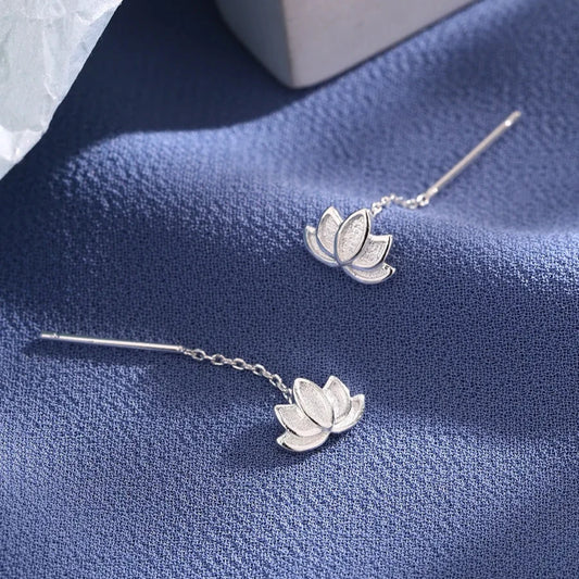 Real 925 Sterling Silver Long Cute Lotus Tassels Drop Earrings for Women Plant Fine Jewelry Allergy Minimalist Accessories
