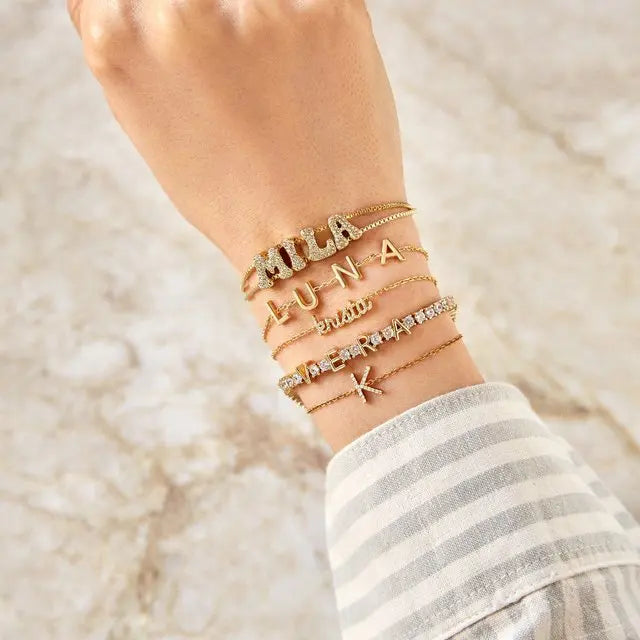 DOREMI Fat Bubble Slide Initial Letters Bracelet Full Crystal Letters Women Name DIY Sliding Slider Letter Bracelets