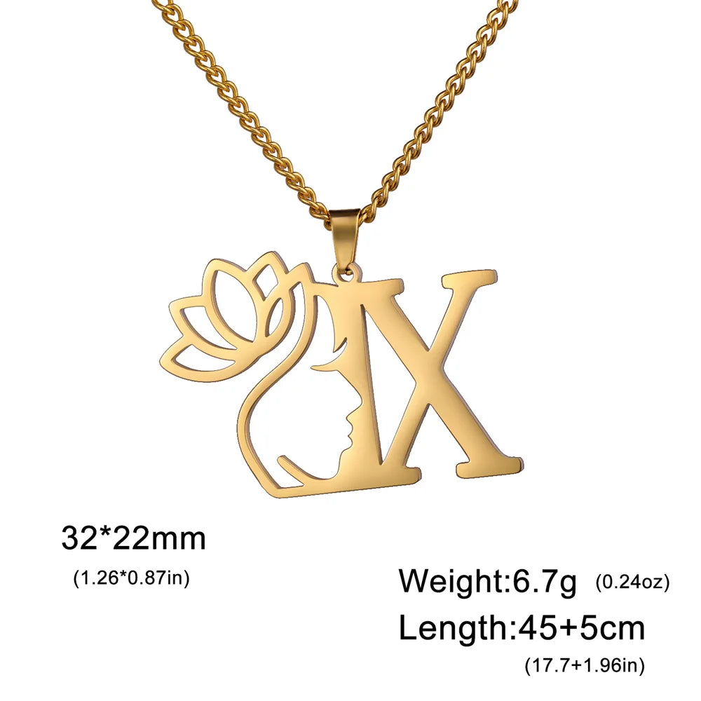 My Shape Beauty Lotus Flower Initials Necklace Women Girl Gifts Stainless Steel Letter Alphabet Pendants Choker Fashion Jewelry