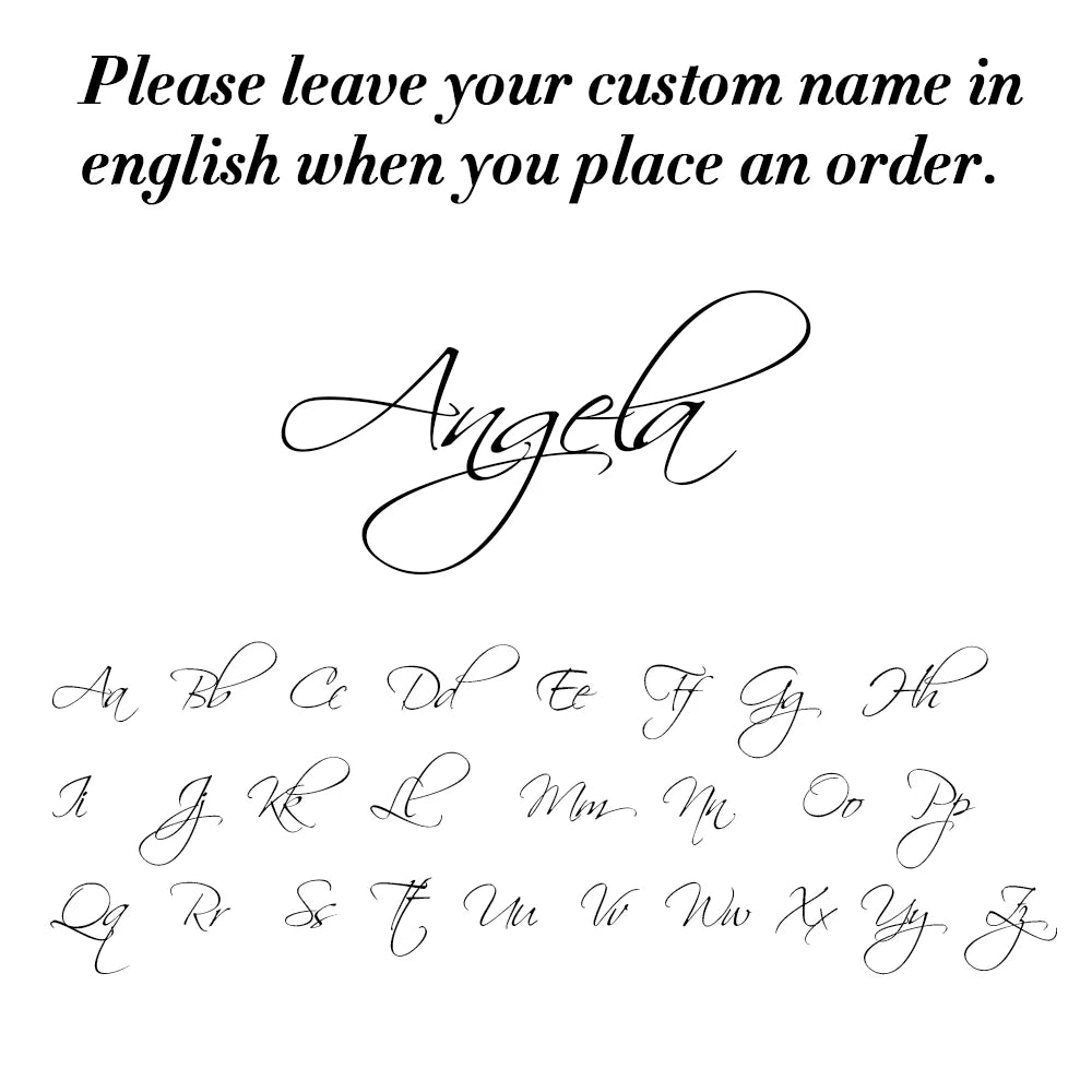 Calligraphy practice sheet with the name 'Angela' and a range of letters for practice.