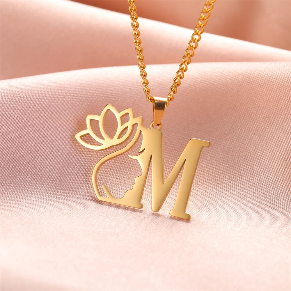 My Shape Beauty Lotus Flower Initials Necklace Women Girl Gifts Stainless Steel Letter Alphabet Pendants Choker Fashion Jewelry