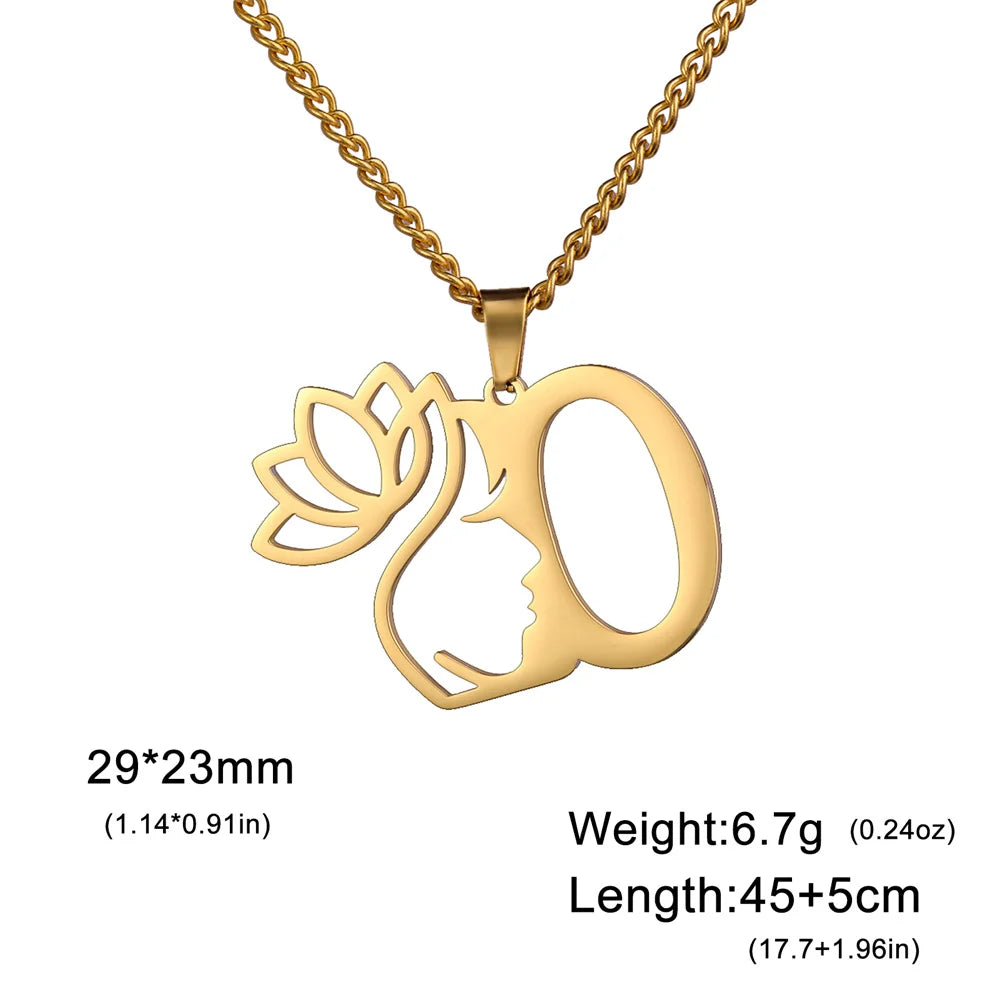My Shape Beauty Lotus Flower Initials Necklace Women Girl Gifts Stainless Steel Letter Alphabet Pendants Choker Fashion Jewelry