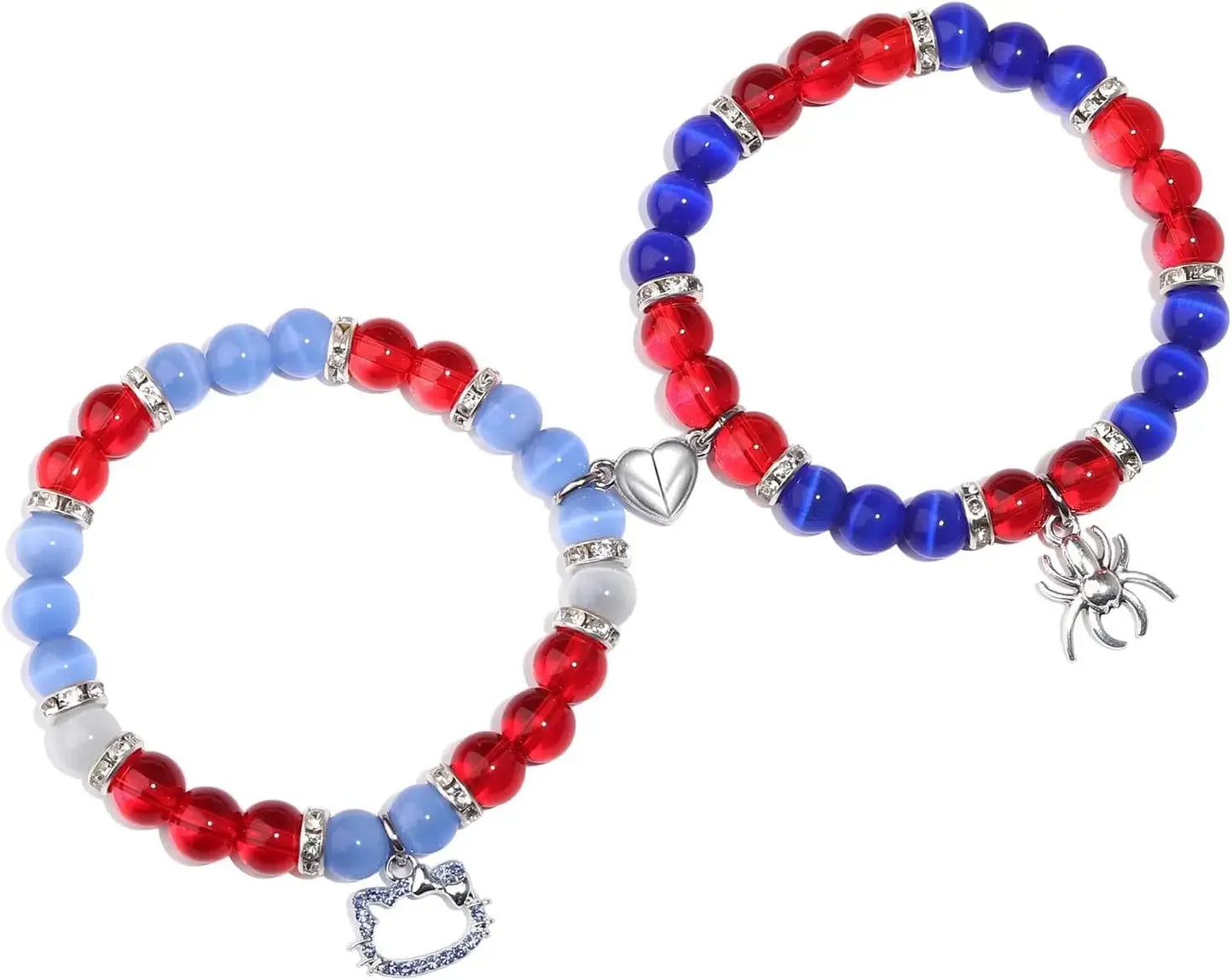 2 pcs of Blue and Pink Beads Cute cat Pendant Heart Shape Magnet Elastic Couple's Bracelets, Bff Trendy Jewelry Gifts