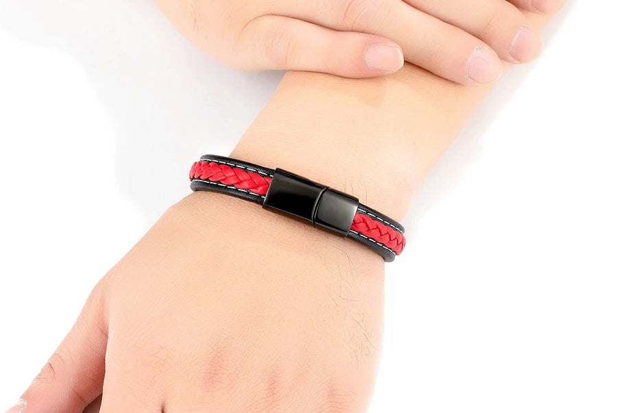 XQNI Black & Red Braided Rope Leather Bracelet Men Stainless Steel Charm Jewelry Bangle for Friend Couple Birthday New Year Gift
