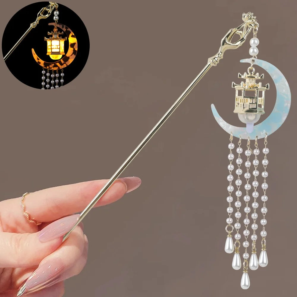 Luminous Flower Hairpin For Women Creative Lotus Emit Light Lantern Tassel Hair Stick Vintage Chinese Style Metal Hair Accessory
