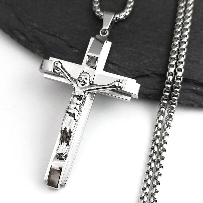 Jesus Cross Crucifix Pendant Necklace for Men Stainless Steel Gold Color Christian Coffee Bean Chain Jewelry croix chrétienne