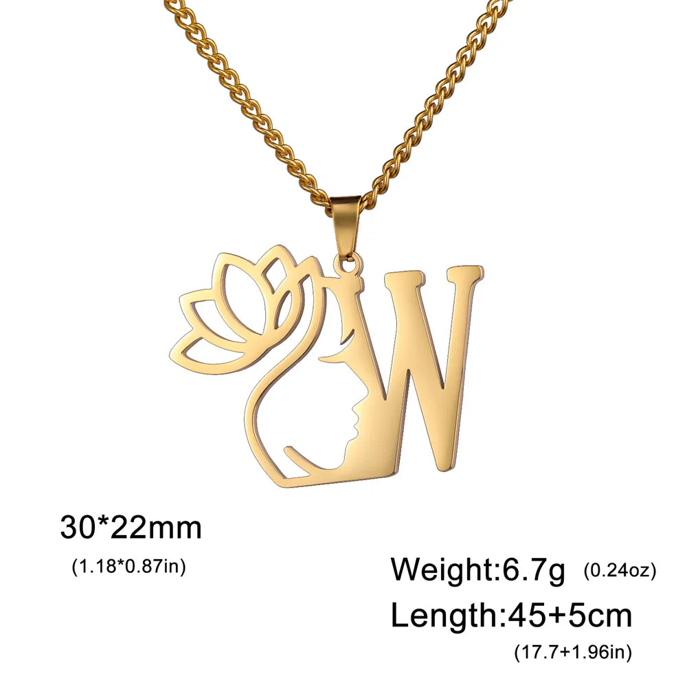 My Shape Beauty Lotus Flower Initials Necklace Women Girl Gifts Stainless Steel Letter Alphabet Pendants Choker Fashion Jewelry