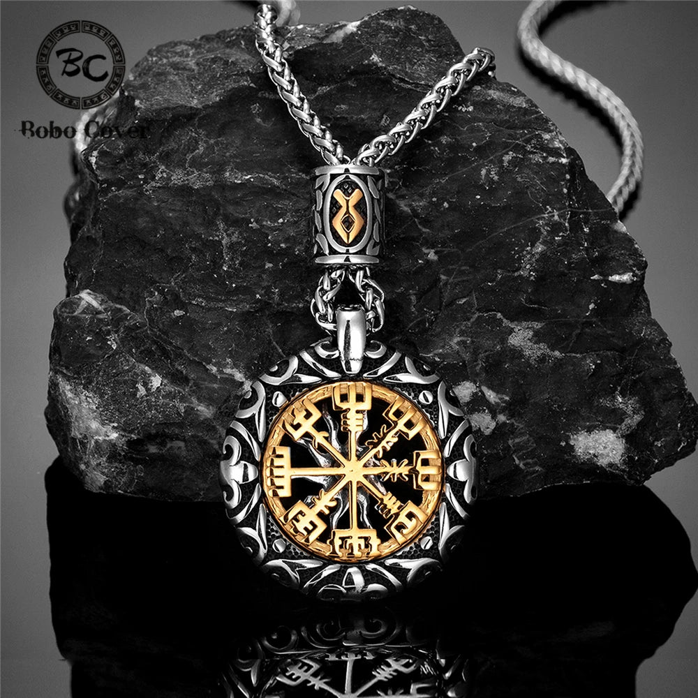 Retro Men Norse Rune Bead Compass Necklace Gold Color Hollow Out Sun Pendant Stainless Steel Vegvisir Amulet Male Viking Jewelry
