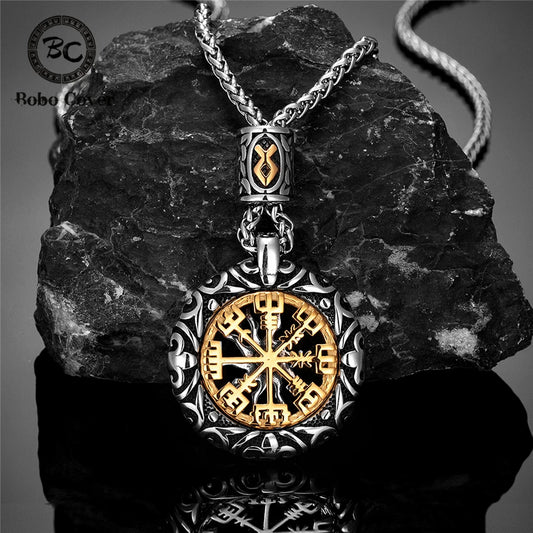 Retro Men Norse Rune Bead Compass Necklace Gold Color Hollow Out Sun Pendant Stainless Steel Vegvisir Amulet Male Viking Jewelry