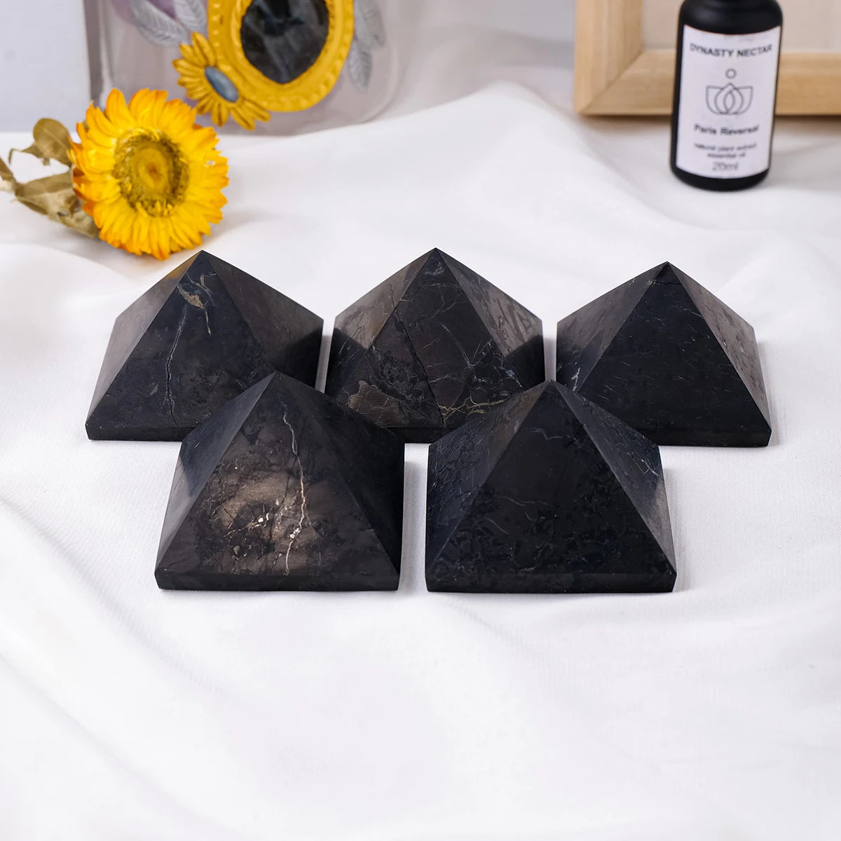 1pc Natural Crystal Russian Shungite Pyramid Raw Stone Polished Four Sided Tower Home Desktop Decoration Feng Shui Ornament
