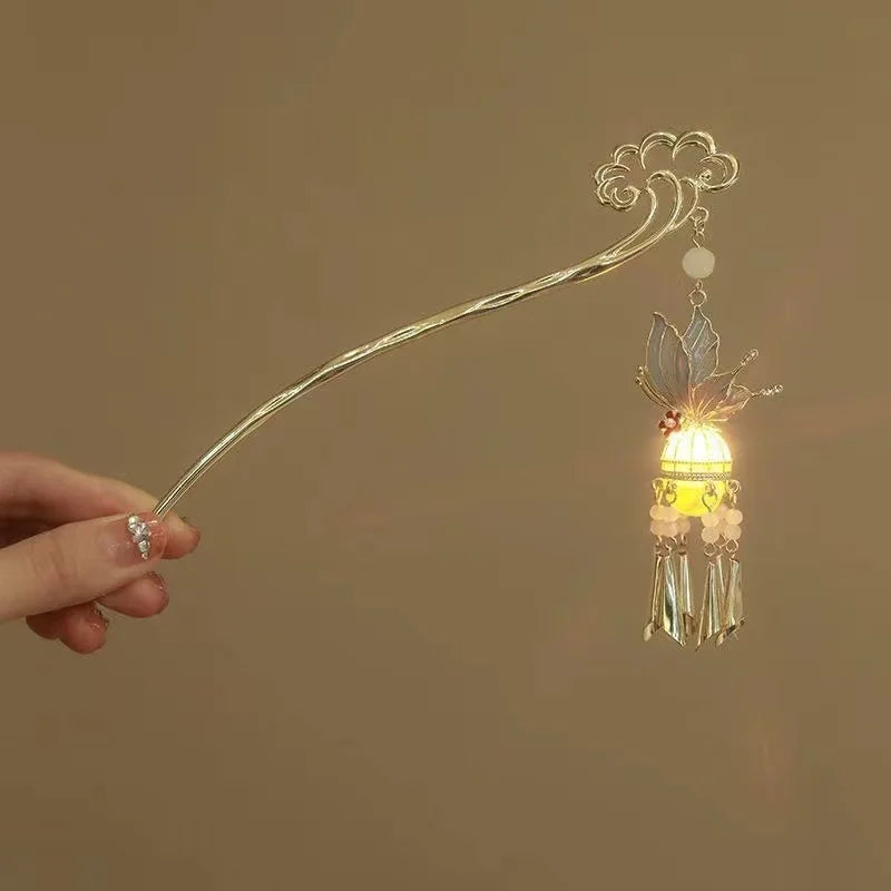 Luminous Flower Hairpin For Women Creative Lotus Emit Light Lantern Tassel Hair Stick Vintage Chinese Style Metal Hair Accessory