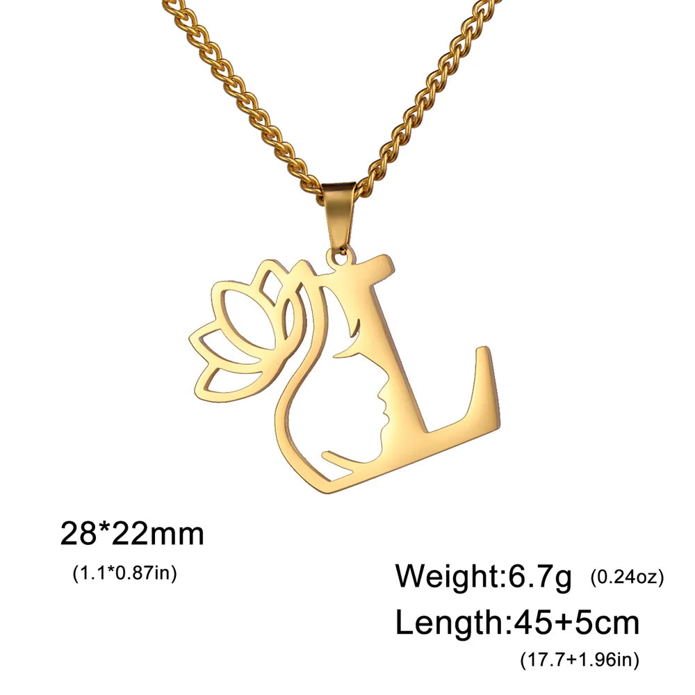 My Shape Beauty Lotus Flower Initials Necklace Women Girl Gifts Stainless Steel Letter Alphabet Pendants Choker Fashion Jewelry