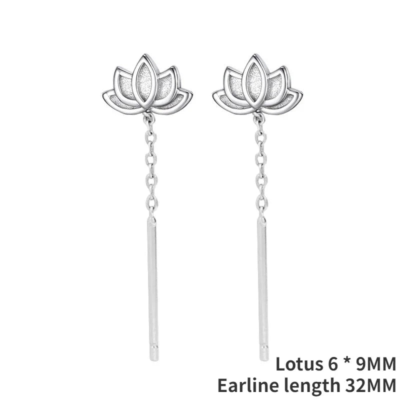 Real 925 Sterling Silver Long Cute Lotus Tassels Drop Earrings for Women Plant Fine Jewelry Allergy Minimalist Accessories
