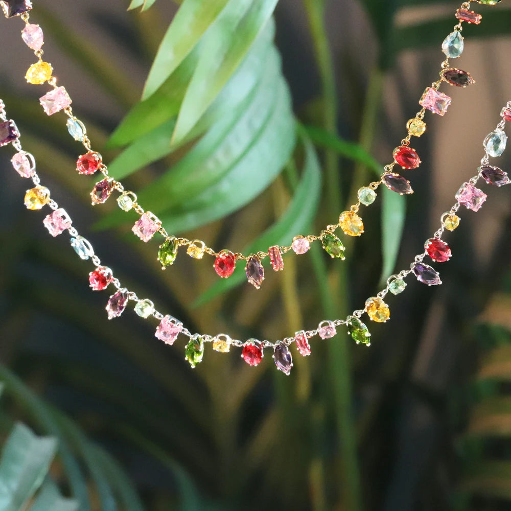 18K Golden Plated New Luxury Colourful Crystal Zircon Necklace For Women Fashion Party Jewelry Accessories Ladies Jewellery