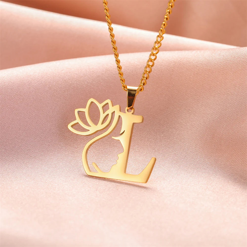 My Shape Beauty Lotus Flower Initials Necklace Women Girl Gifts Stainless Steel Letter Alphabet Pendants Choker Fashion Jewelry