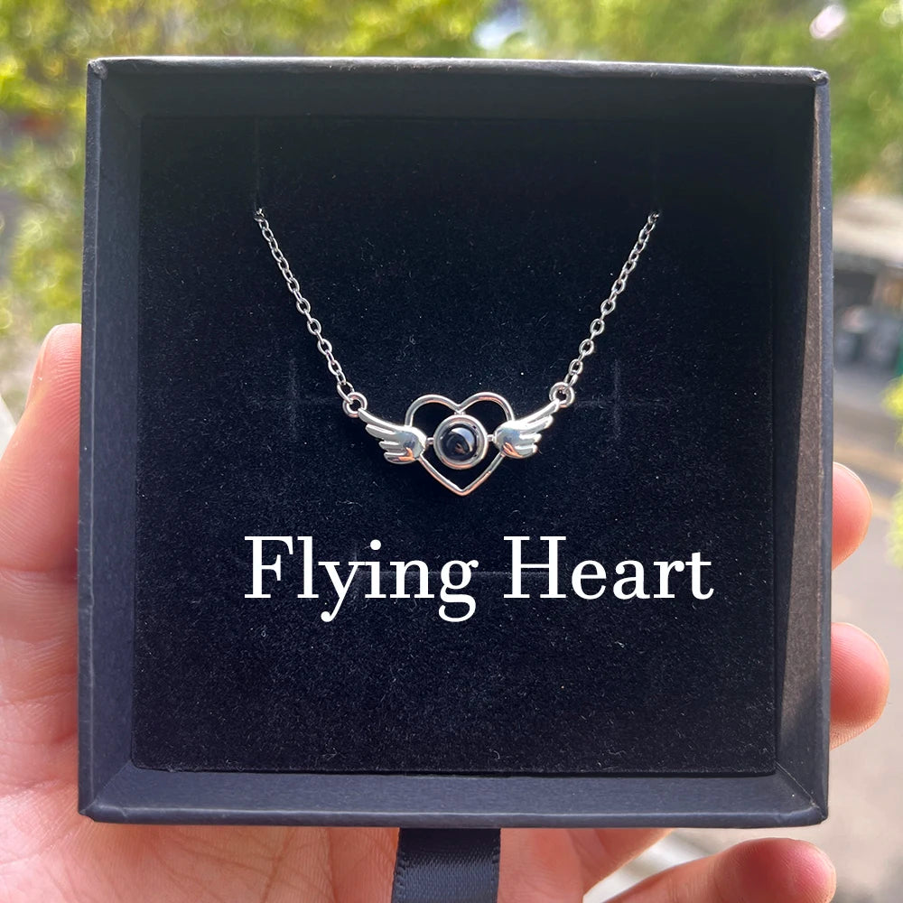 Custom Photo Projection Necklace Stainless Steel Chain Heart Flower Start Pendant DIY Picture Inside Couple Family Necklace