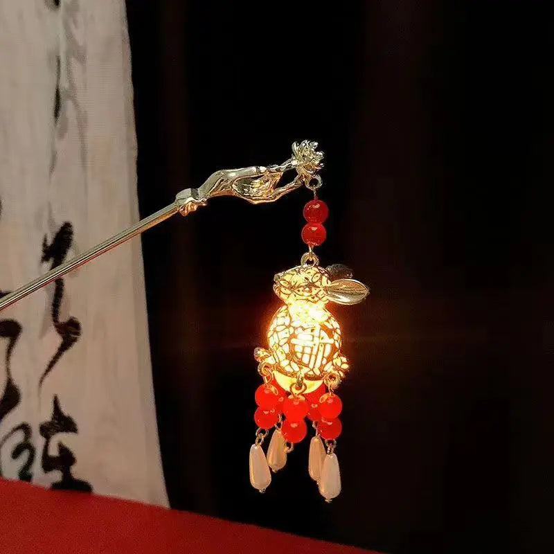Luminous Flower Hairpin For Women Creative Lotus Emit Light Lantern Tassel Hair Stick Vintage Chinese Style Metal Hair Accessory