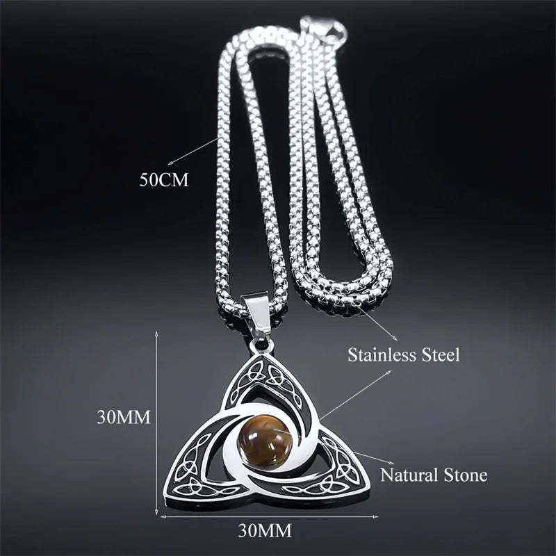 Viking Trinity Knot Necklace for Women Men Stainless Steel Tiger Eye Stone Irish Celtic Lucky Amulet Necklaces Jewelry N3806S02