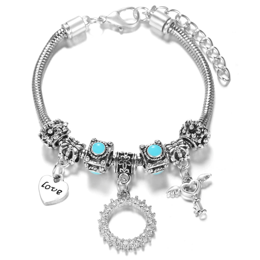 Multi Style Rhinestone 6 Color Beaded Bangle Lobster Buckle Adjustable Snake Chain Elephant Bracelet Pendant Woman Jewelry Gift