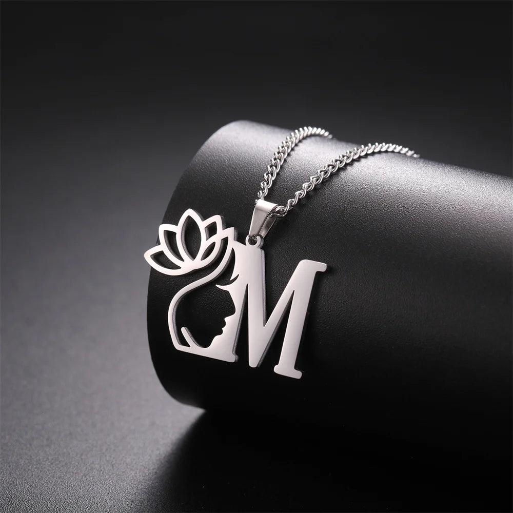 My Shape Beauty Lotus Flower Initials Necklace Women Girl Gifts Stainless Steel Letter Alphabet Pendants Choker Fashion Jewelry